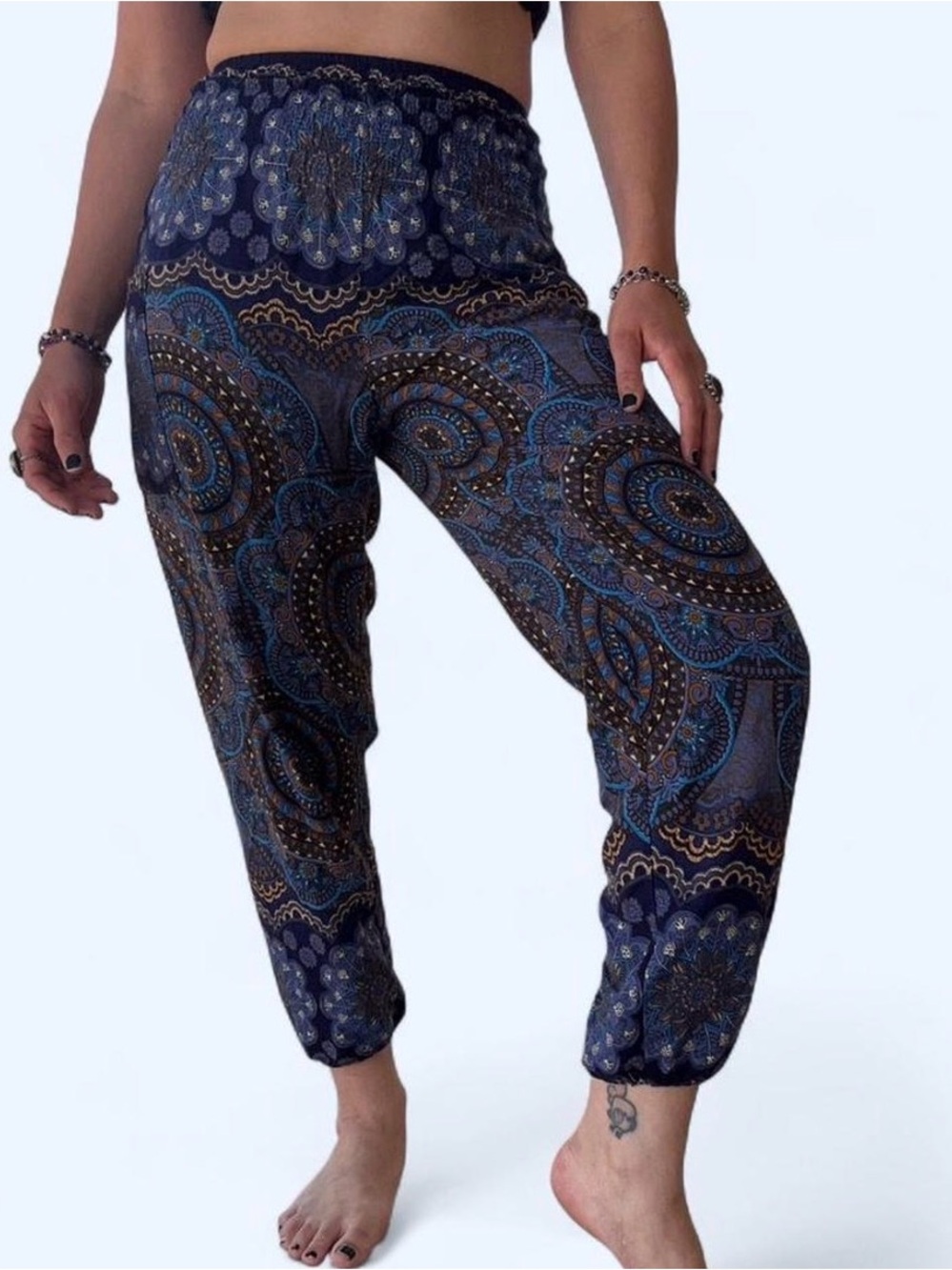 Bohemian Mandala Print Harem Pants - Navy Blue